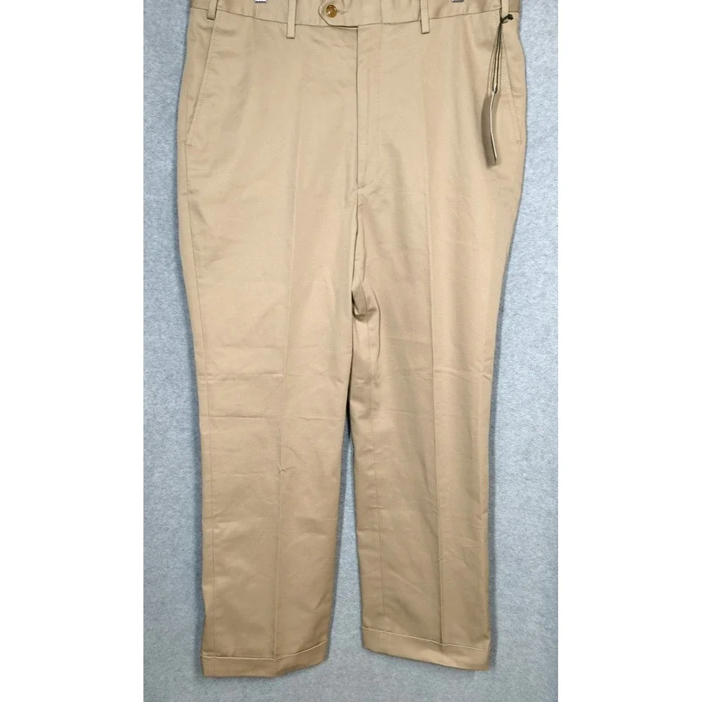 New with Tag BERLE Dress Pants Men 37 Flat Front Cuffed Tan 100% Cotton Classic